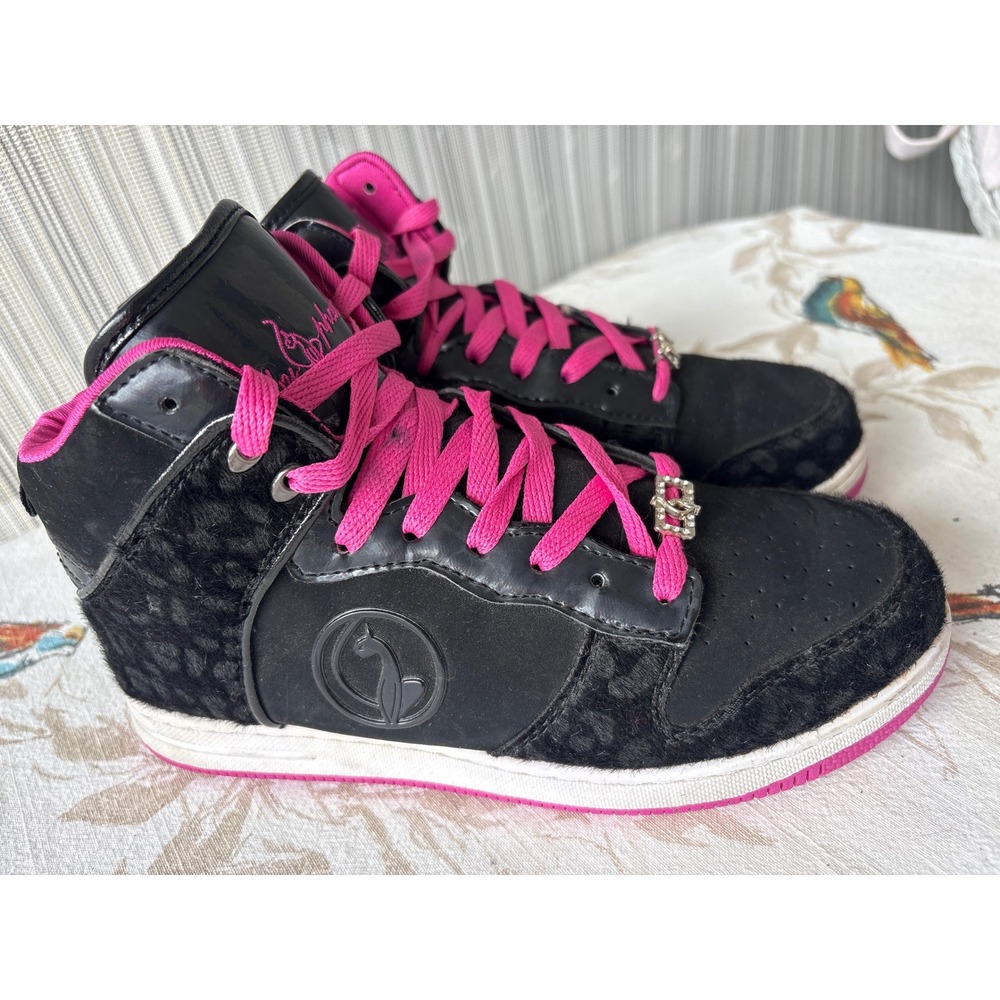 Baby Phat Y2K size 7.5 Womens High Top Sneakers Black Pink Leopard Faux Fur